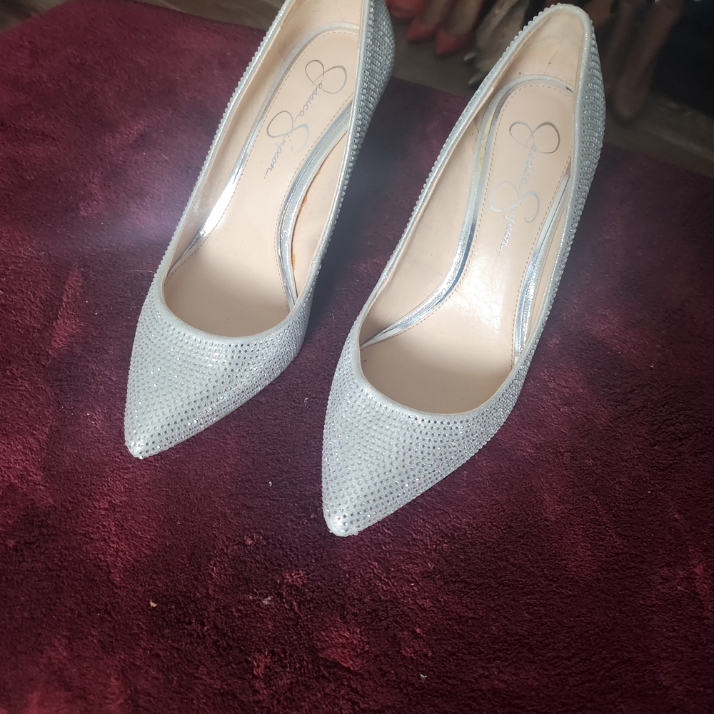 Jessica Simpson Silver Pointed Toe Embellished Pumps - Silver